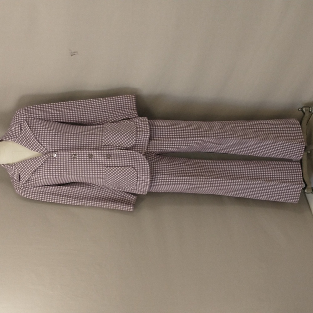 Vintage 70s Pantsuit Purple Check Bell Bottom Spear Collar Made USA Poly Acrylic